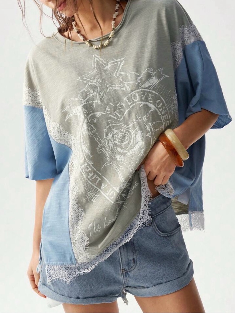 Star rose tee Boho Lace-Trim Graphic Tee words in Sage & Light Blue